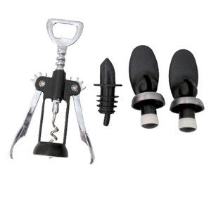 Two Wine stoppers, one corkscrew tool and one Pouring tip for drinks